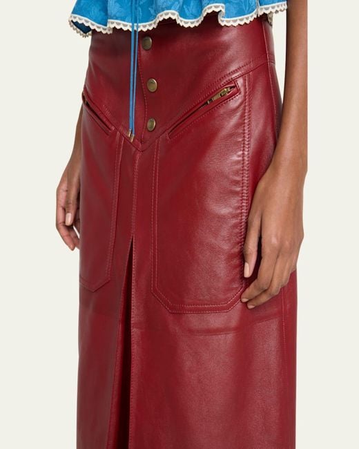 Chloé Red Slouch Leather Midi Skirt