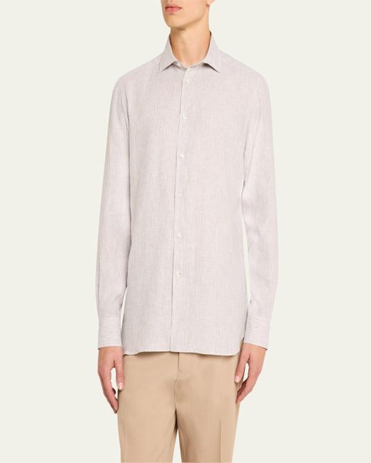 Zegna Pink Stripe Oasi Lino Casual Button-Down Shirt for men