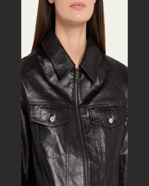 Re/done Black Leather Crop Trucker Jacket