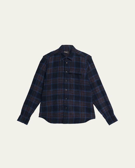 Kiton Men's Blue Wool-Blend Plaid Snap-Front Overshirt