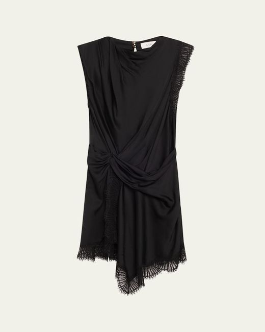 A.L.C. Black Dion Draped Lace-Trim Satin Mini Dress