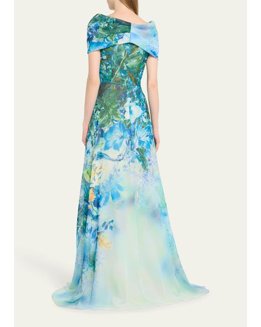 Teri Jon Blue Off-shoulder Floral-print Chiffon Gown