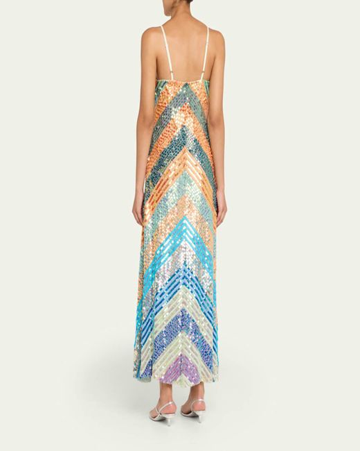 Christopher John Rogers Blue Chevron Sequined Bias Strapless Maxi Dress