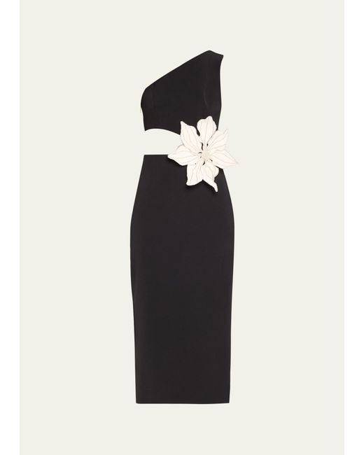 PATBO Black Flower Applique One-shoulder Cutout Midi Dress
