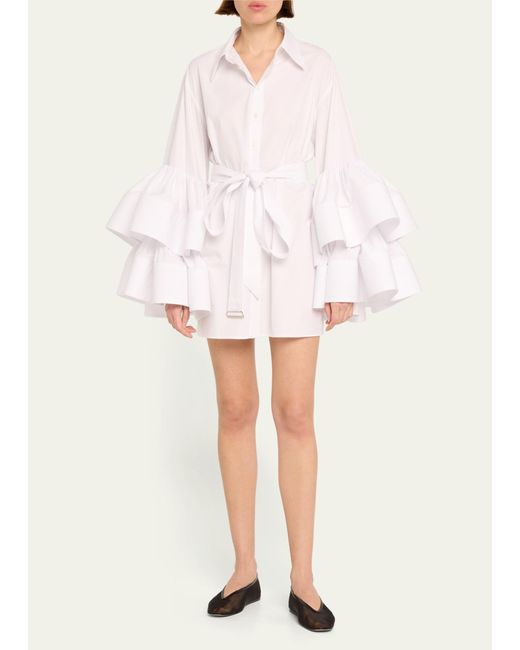 Christopher John Rogers Natural Belted Mini Shirtdress With Jumbo Ruffle Sleeves