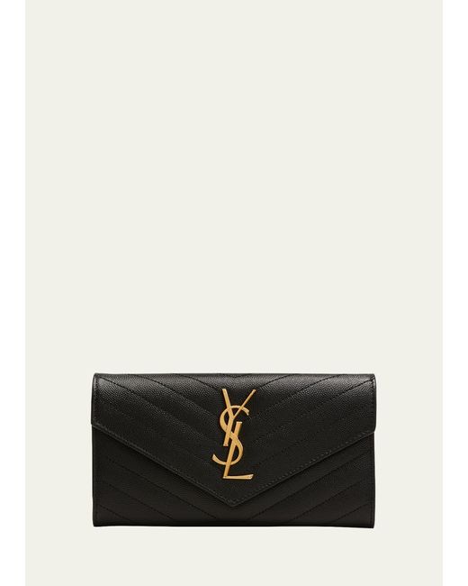 Saint Laurent Black Ysl Monogram Large Flap Wallet In Grained Leather