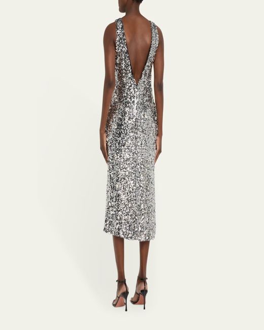 Brandon Maxwell White Santha Plunging Draped Sequin Midi Dress