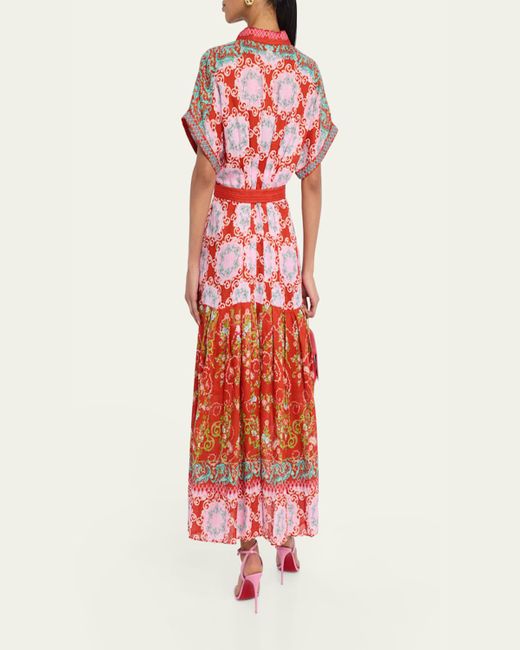 Saloni Red Riya-B Belted Floral Linen Maxi Shirt Dress