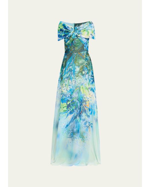 Teri Jon Blue Off-shoulder Floral-print Chiffon Gown