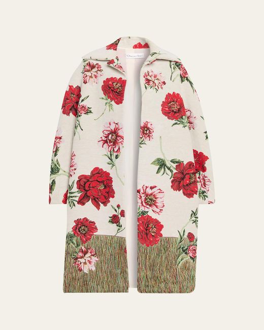 Oscar de la Renta White Oversized Peony Jacquard Coat