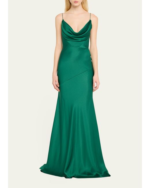 Alex Perry Green Satin Crepe Cowl Draped Gown