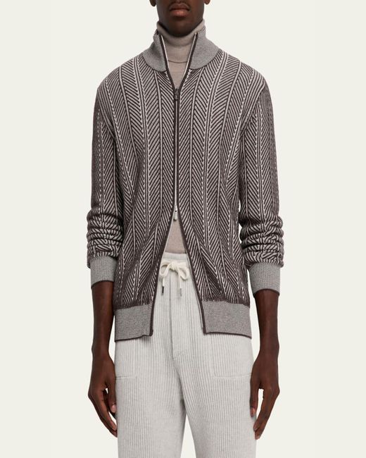 Brunello Cucinelli Gray Cashmere Chevron Full-Zip Sweater for men