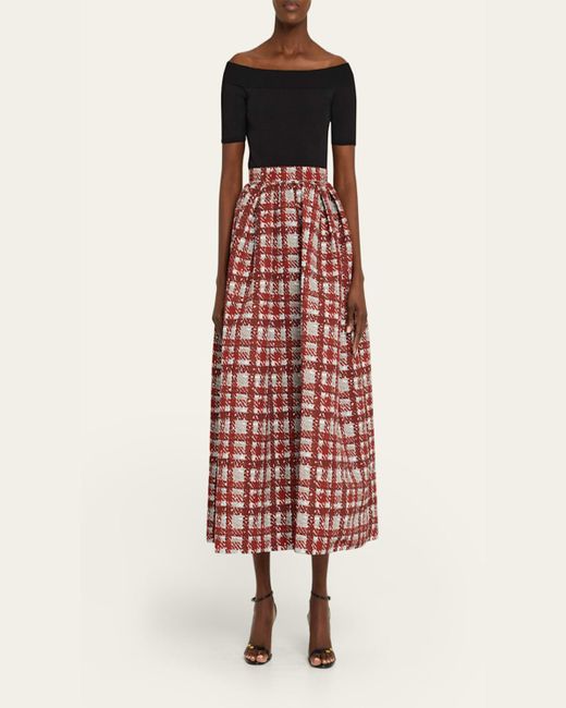 Oscar de la Renta Textured Plaid-Print Pleated Midi Circle Skirt