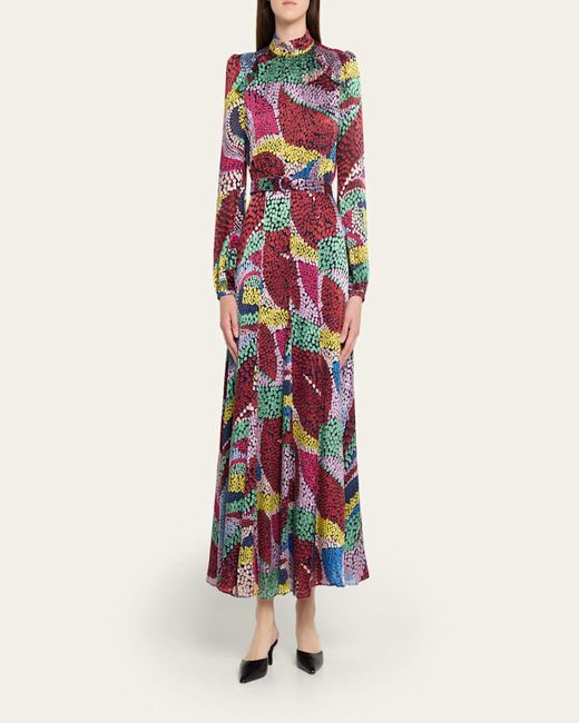 Saloni Purple Jacqui-B Belted Floral Silk Midi Dress