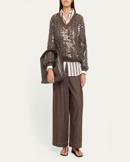 Brunello Cucinelli Brown Fringe Mosaic Yarn Net Embroidered V-Neck Sweater