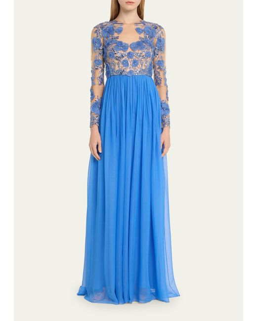 Pamella Roland Blue Pleated Chiffon Gown With Embroidered Tulle Bodice