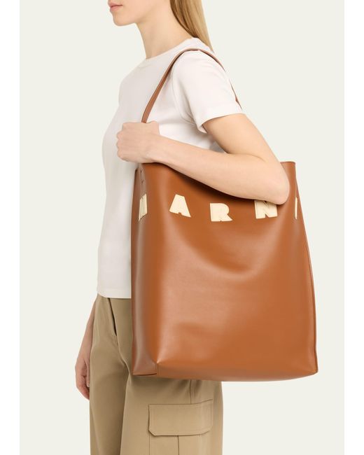 Marni Brown Museo Large Logo Calfskin Tote Bag