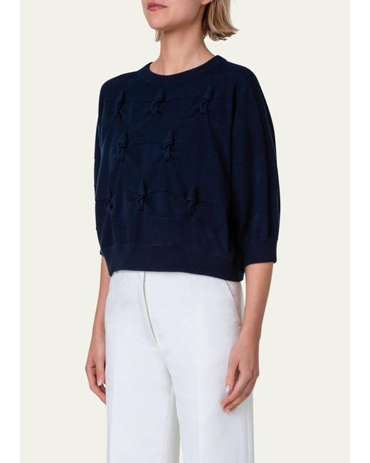 Akris Blue Cashmere Cropped Pullover With Cable Knot Embellishment