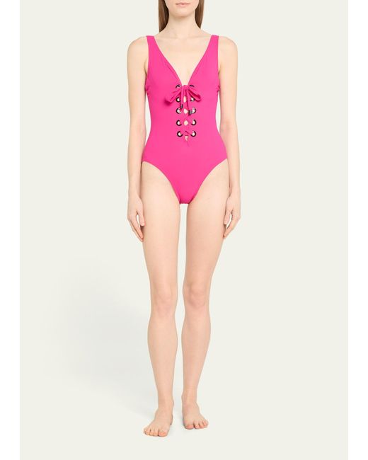 Karla Colletto Pink Lucy V-neck Lace-up Underwire Tank One-piece Swimsuit