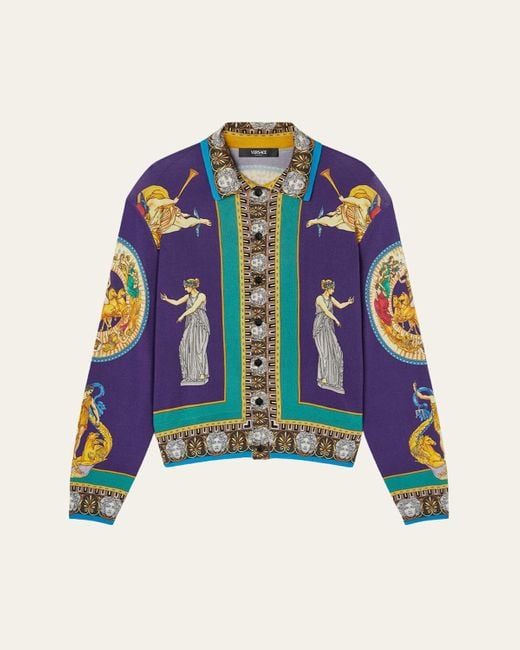 Versace Blue Silk Knit Hall Of Statues Polo Sweater for men