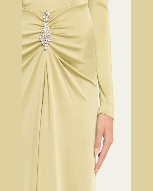 Victoria Beckham Yellow Plunging Gathered Crystal Long-Sleeve Gown