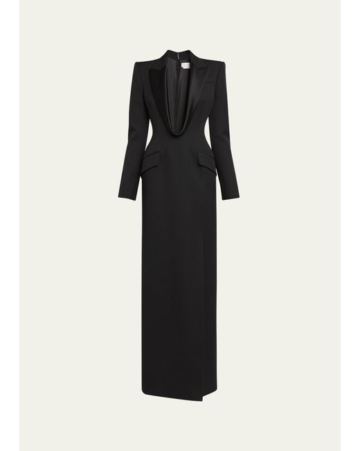 Alexander McQueen Black Plunging Tuxedo Blazer Wool Column Gown