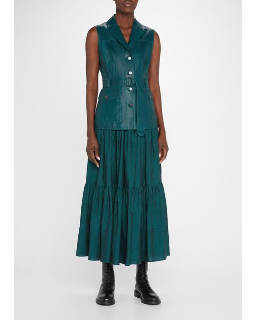 Akris Punto Green Micro Striped Linen Tiered Maxi Skirt