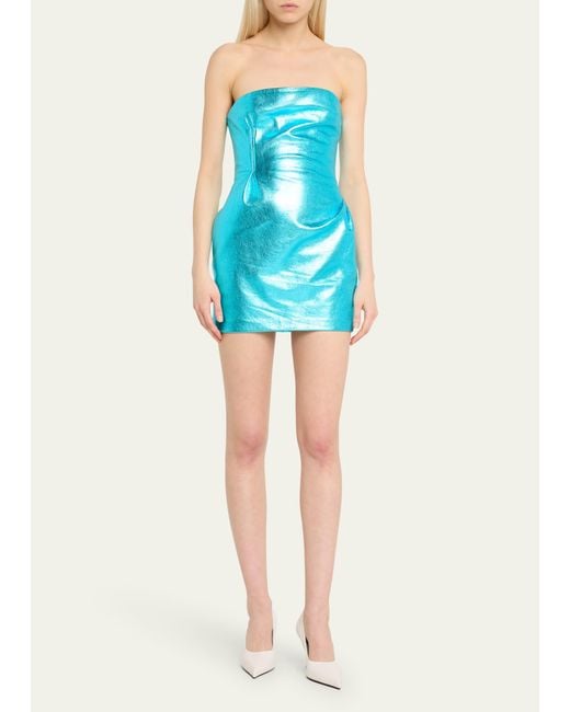 LAQUAN SMITH Blue Strapless Metallic Leather Mini Dress