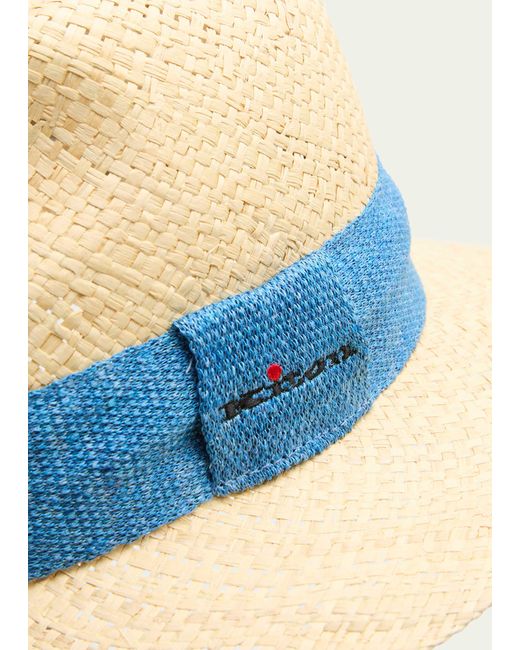 Kiton Blue Embroidered-logo Straw Fedora Hat for men