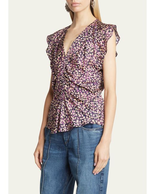 Isabel Marant Purple Lonea Printed Center Ruched Blouse