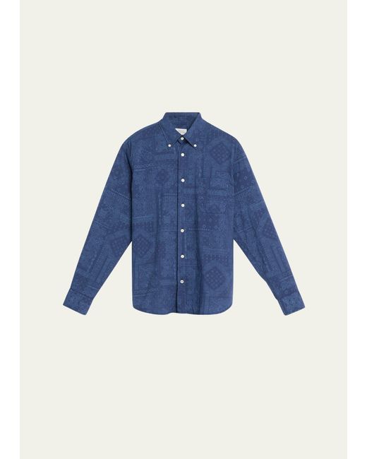 Hartford Blue Pitt Garment-dyed Bandana-print Cotton Shirt for men