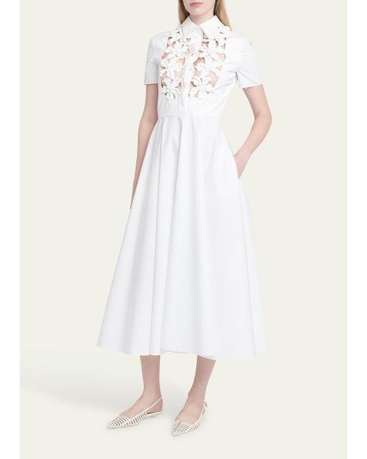 Valentino Garavani White Midi Shirtdress With Flower Cutout Detail