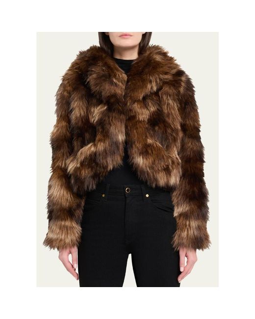 Cinq À Sept Brown Patchwork Faux Fur Cropped Jacket