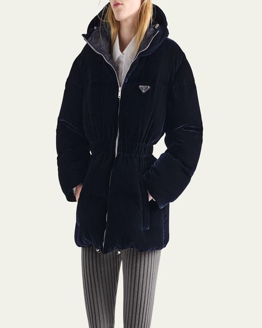 Prada Blue Cinched Velvet Puffer Jacket
