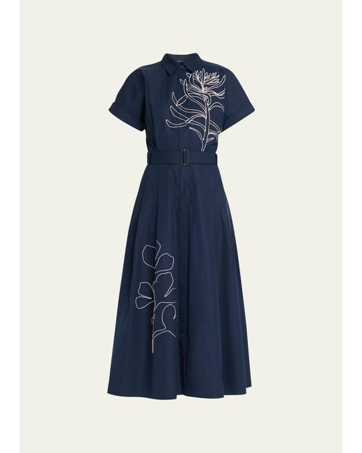 Lafayette 148 New York Blue Floral-embroidered Cotton Midi Shirtdress