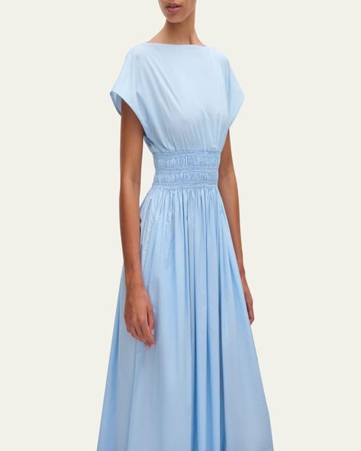 Matteau Blue Shirred-Waist Midi Dress