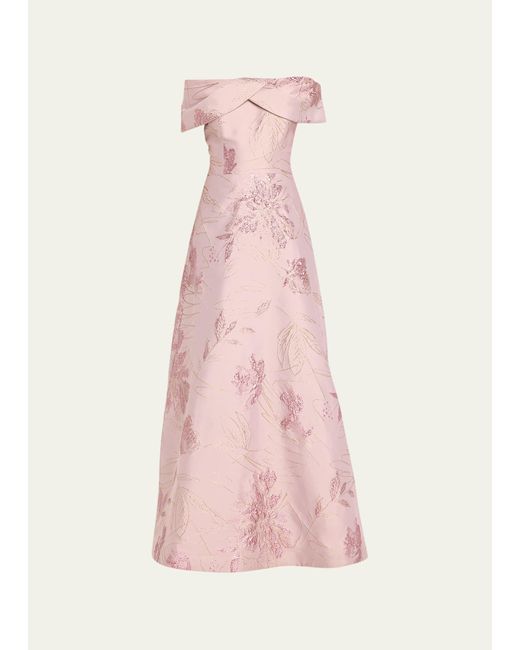 Teri Jon Pink Off-shoulder Metallic Floral Jacquard Gown