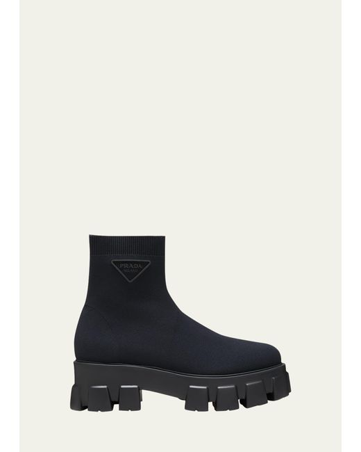 Prada Blue Monolith Lug Sole Knit Booties