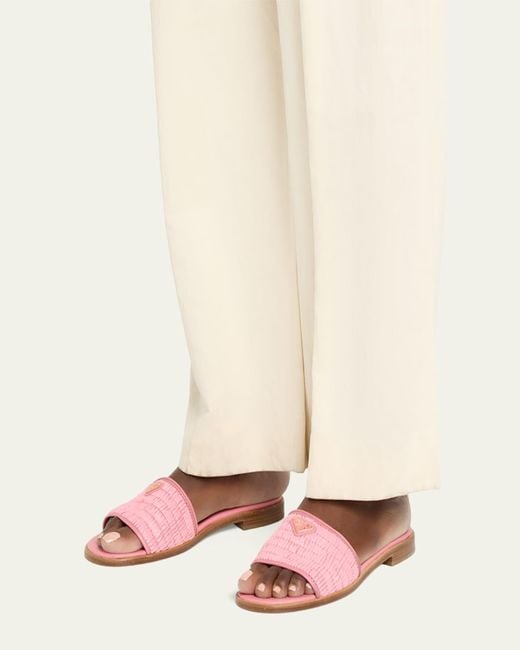 Prada Natural Triangle Logo Raffia Flat Slide Sandals