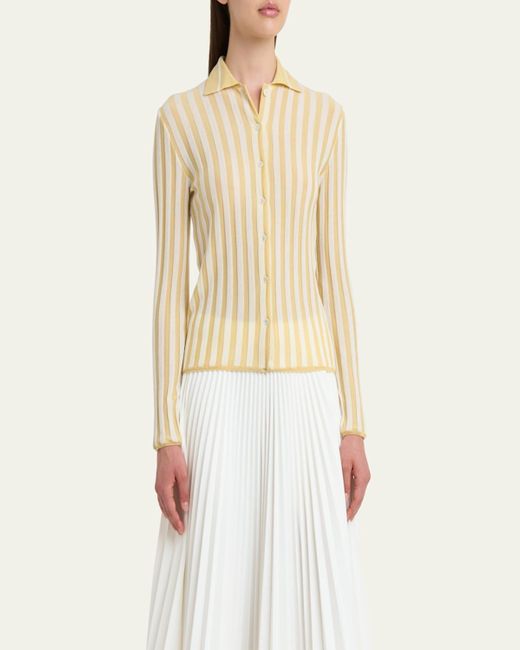 Plan C Natural Stripe Collared Wool Cardigan