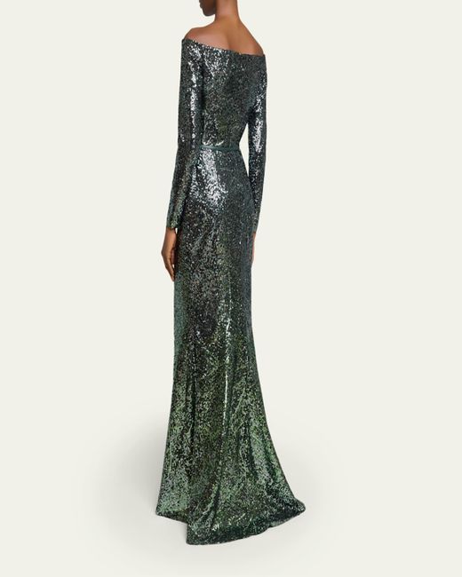 Elie Saab Green Off-The-Shoulder Ombre Sequin Trumpet Gown