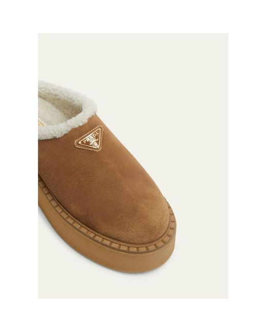 Prada Natural Suede Shearling Cozy Platform Mules