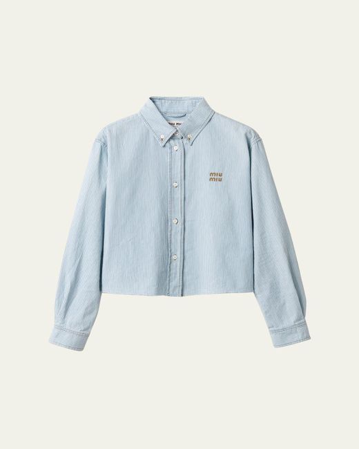 Miu Miu Blue Chambray Riga Long-Sleeve Crop Button-Down Shirt