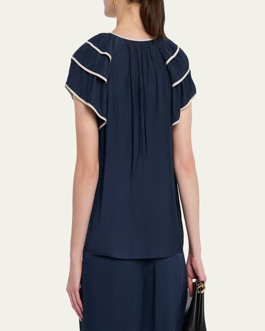 Ramy Brook Blue Jordan Tiered Ruffle-Sleeve Blouse