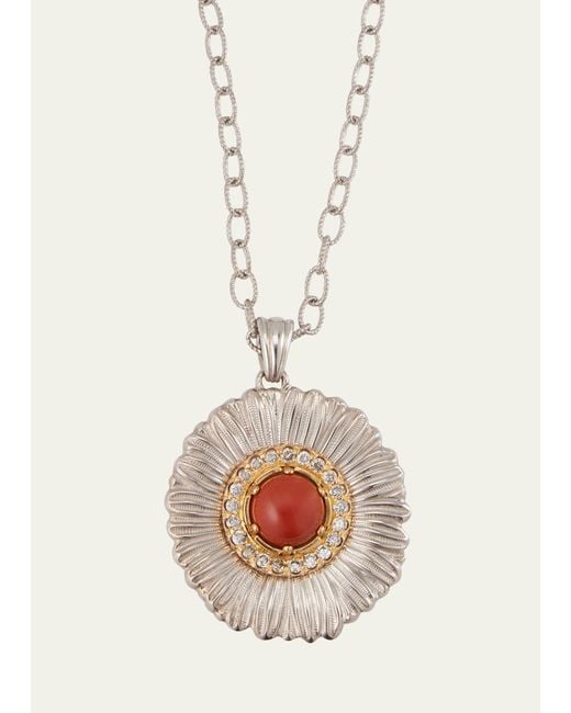 Buccellati White Blossoms Color Daisy 18k Gold And Silver Necklace With Diamonds And Red Jasper