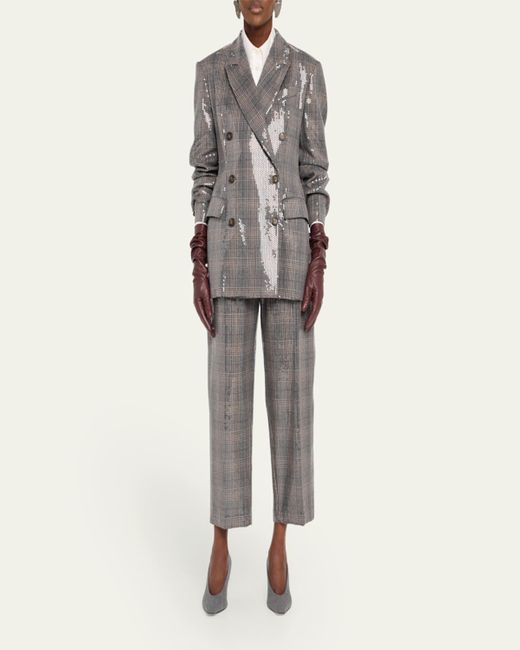 Brunello Cucinelli Gray Glam Check Sequined Double-Breasted Blazer