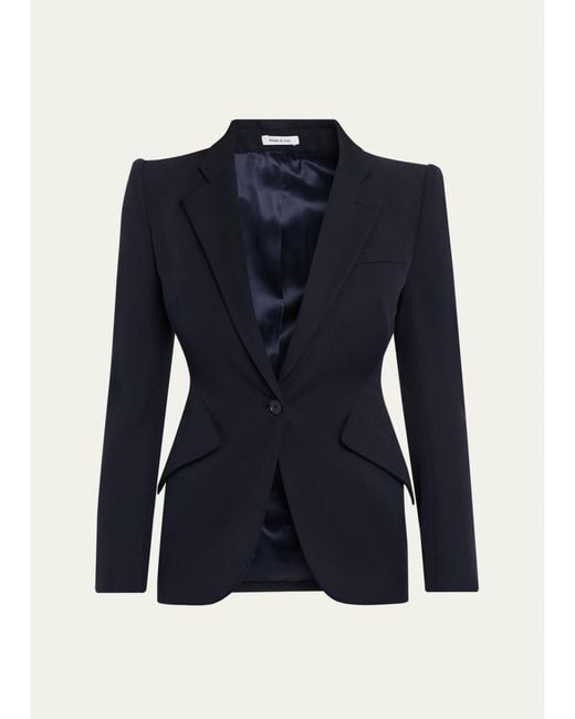 McQueen Blue Peaked Shoulder Crepe Single-Button Jacket