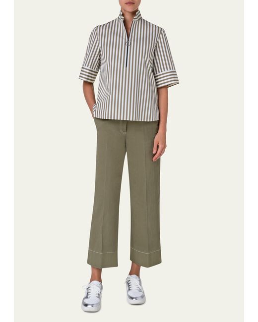 Akris Punto Gray Kodak Striped Cotton Popeline Short-sleeve Zip Shirt