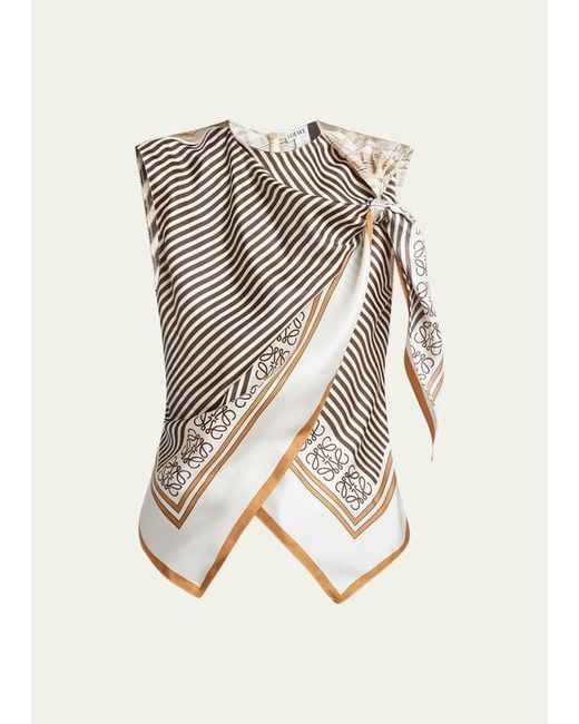 Loewe Layered Scarf Print Shoulder Tie Silk Top in White | Lyst