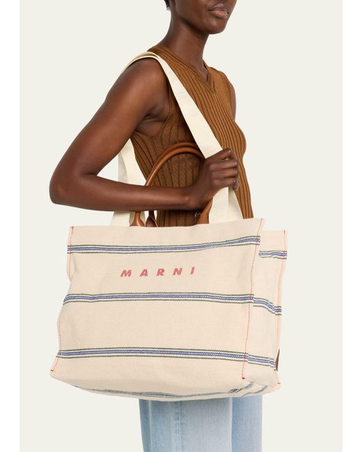Marni Natural Medium Striped Canvas Tote Bag